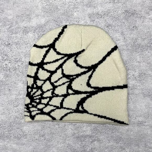 y2k 2000s cream and black grunge gothic spiderweb beanie - Picture 1 of 6